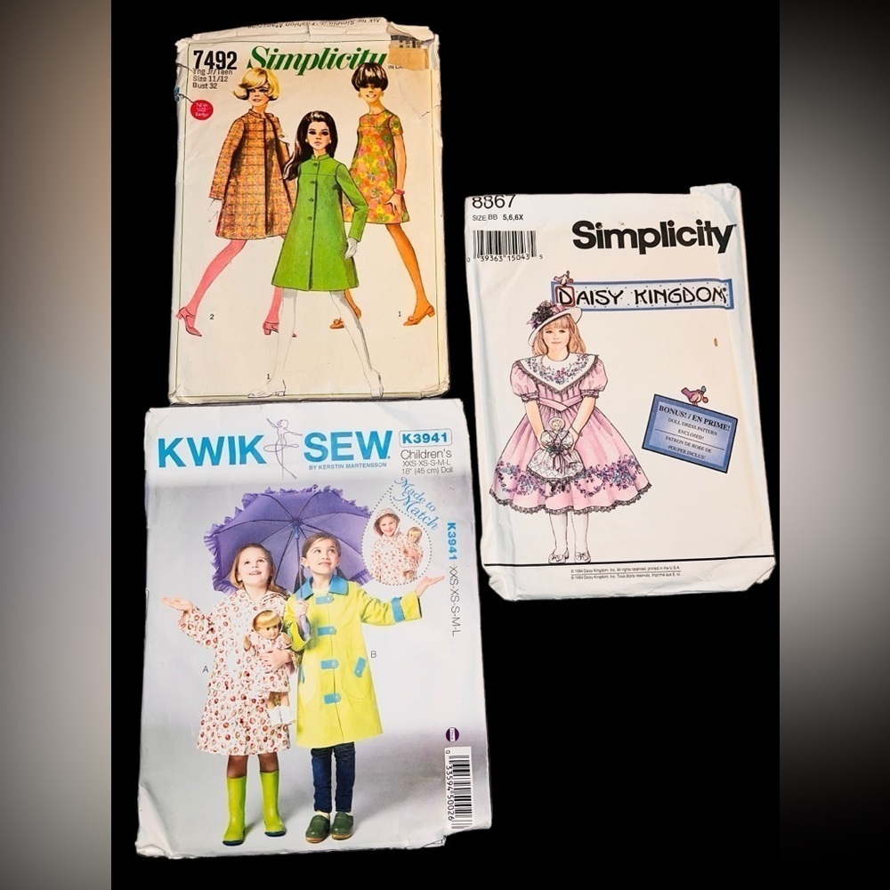 Lot of 3 Vintage Retro Girls Dress & Coat Sewing Patterns Simplicity~Kwik Sew